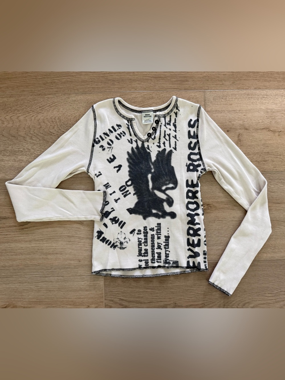 Urban Outfitters Y2K Grunge Graphic Ribbed Henley Long Sleeve Top S Cream